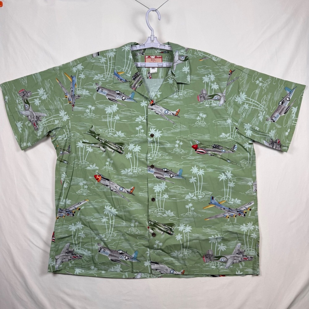 RJC Mens 3XL Hawaiian Shirt WWII Warplanes Fighter Jets Sage Green Made in USA